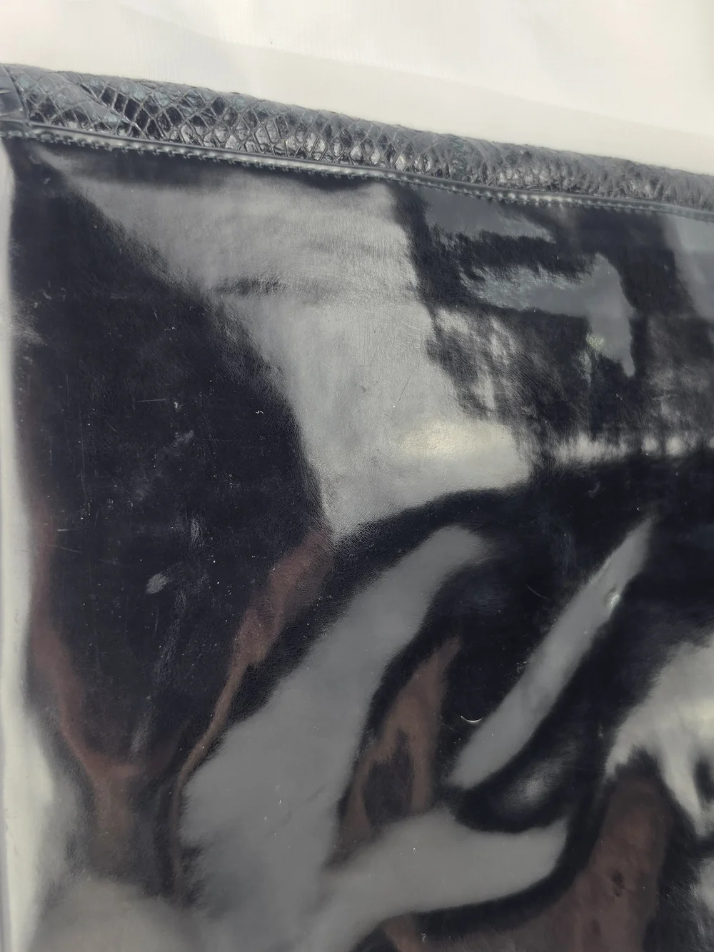 Large Black Vintage 60s Patent Leather Envelope Clutch Bag with Snakeskin Flap